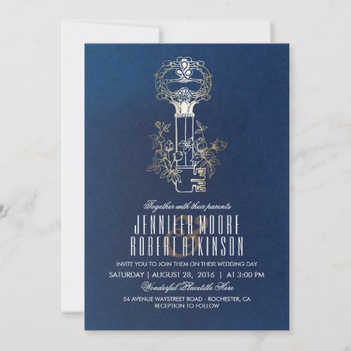Navy and Gold Skeleton Key Vintage Wedding Invitation - "Love is the key" - French Rococo Decorative Skeleton Key - Vintage navy and gold wedding invitation. --- All design elements originaly created by Jinaiji