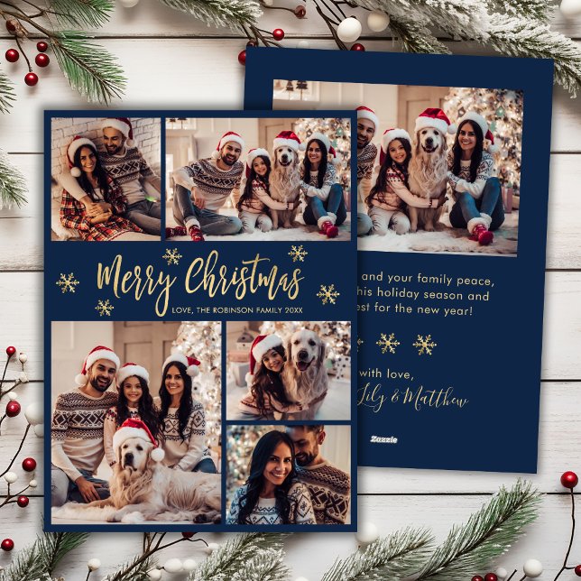 Navy and Gold Snowflake 5 Photo Collage Christmas Holiday Card (Creator Uploaded)