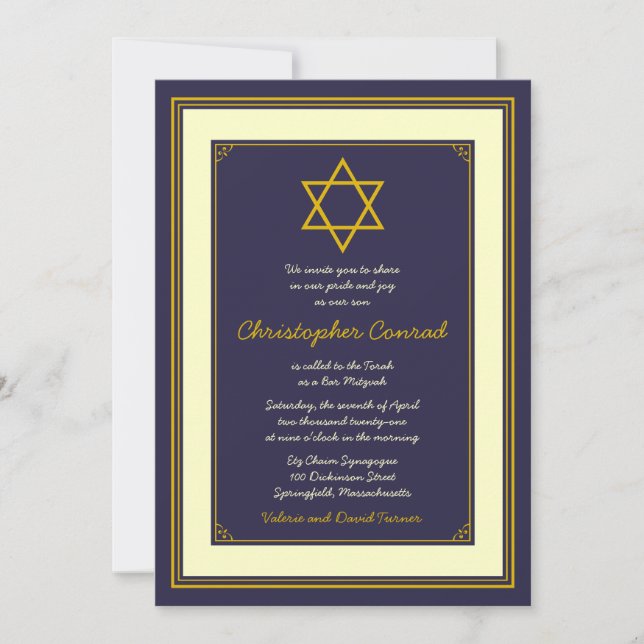 Navy and Gold Star of David Bar Mitzvah Invitation (Front)
