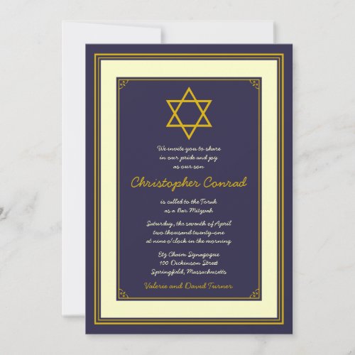 Navy and Gold Star of David Bar Mitzvah Invitation