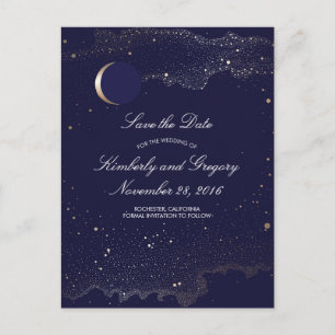 Navy and Gold Starry Night Moon Save the Date Announcement Postcard