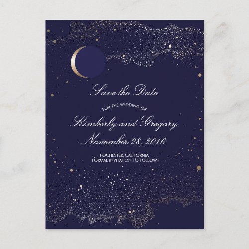 Navy and Gold Starry Night Moon Save the Date Announcement Postcard