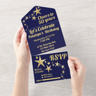 Navy and Gold Stars Cheers to 50 Years Birthday All In One Invitation