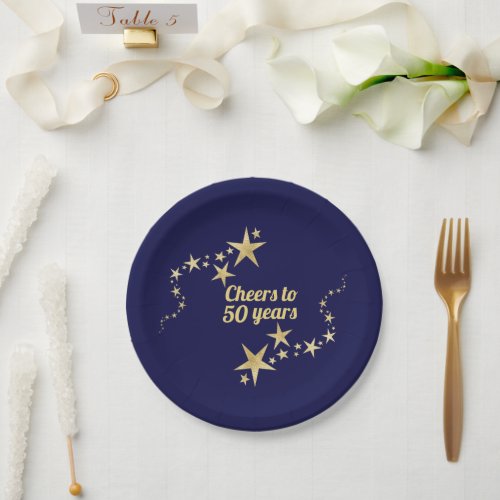 Navy and Gold Stars Cheers to 50 Years Birthday  Paper Plates