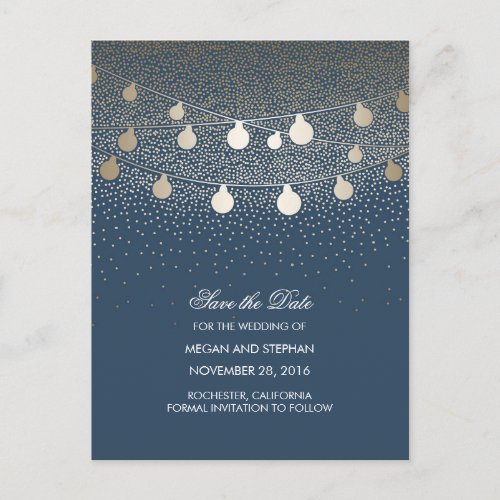 Navy and Gold String Lights save the date Announcement Postcard