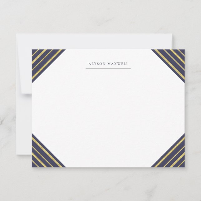 Navy and Gold Stripes Monogrammed Stationery Note Card (Front)
