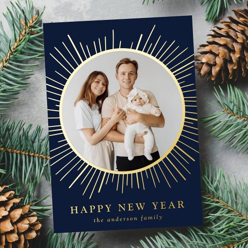 Navy and Gold Sunburst Happy New Year Photo Foil Holiday Card