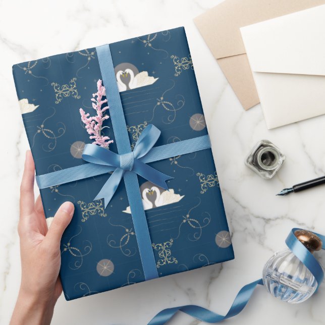 Navy and Gold Swans in Love Quatrefoil Gift Wrapping Paper (Gifting)