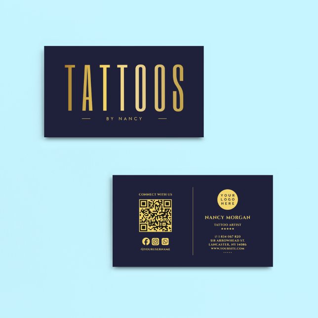 Navy And Gold Tattoo Artist QR Code & Logo Business Card (Creator Uploaded)
