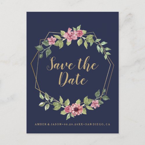 Navy and Gold terrarium botanical Save the Date Announcement Postcard