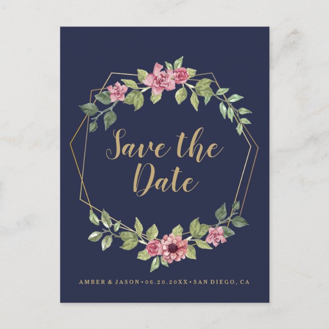 Navy and Gold terrarium botanical Save the Date Announcement Postcard (Front)