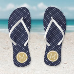 Navy and Gold Tiny Dots Monogram Flip Flops<br><div class="desc">Custom printed flip flop sandals with a cute girly polka dot pattern and your custom monogram or other text in a circle frame. Click Customize It to change text fonts and colors or add your own images to create a unique one of a kind design!</div>