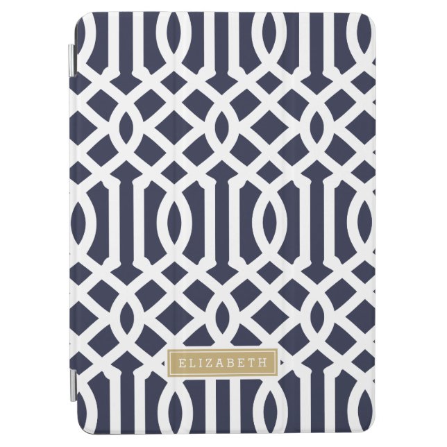 Navy and Gold Trellis Custom Monogram iPad Air Cover (Front)