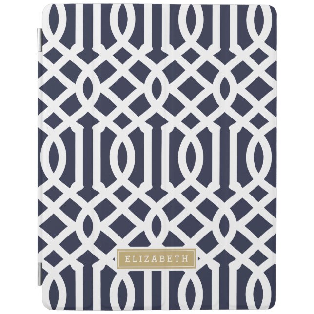 Navy and Gold Trellis Custom Monogram iPad Air Cover (Front)