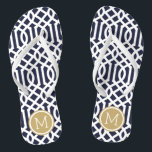 Navy and Gold Trellis Monogram Flip Flops<br><div class="desc">Custom printed flip flop sandals with a stylish modern trellis pattern and your custom monogram or other text in a circle frame. Click Customize It to change text fonts and colors or add your own images to create a unique one of a kind design!</div>