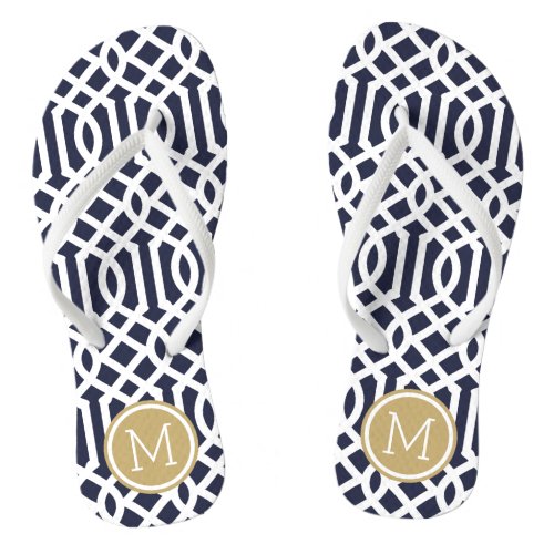 Navy and Gold Trellis Monogram Flip Flops