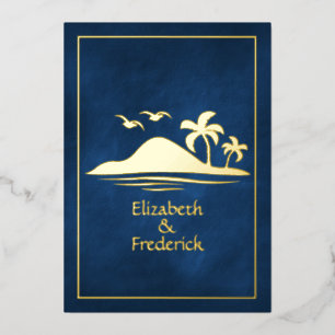 Navy and Gold Tropical Beach Wedding Foil Invitation