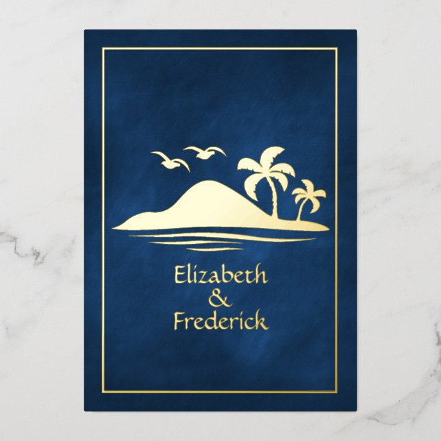 Navy and Gold Tropical Beach Wedding Foil Invitation (Front)