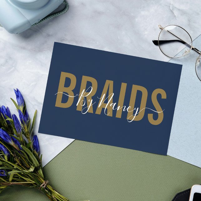 Navy And Gold Typography Braids Business Card (Creator Uploaded)