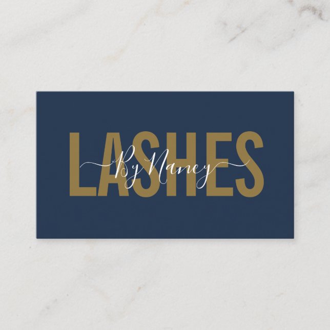 Navy And Gold Typography Lashes  Business Card (Front)