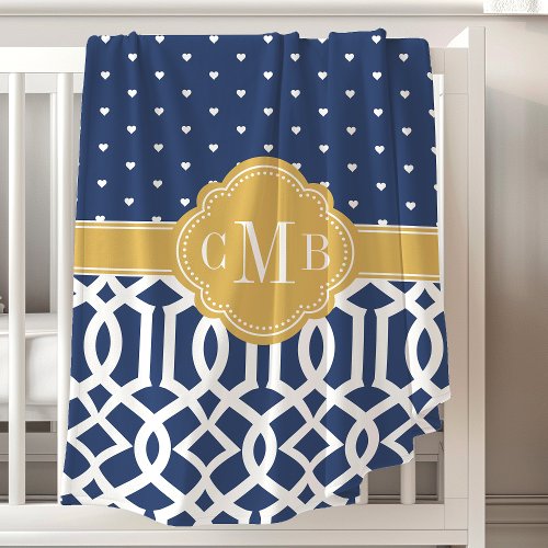 Navy And Gold Unisex Moroccan Hearts Monogrammed Baby Blanket