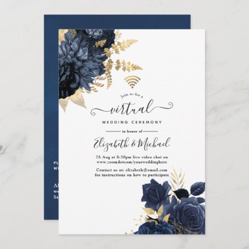 Navy and Gold Vintage Shabby Roses Virtual Wedding Invitation