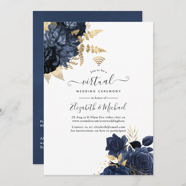 Navy and Gold Vintage Shabby Roses Virtual Wedding Invitation (Front/Back)