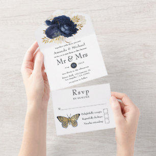 Navy and Gold Vintage Shabby Roses Wedding All In One Invitation