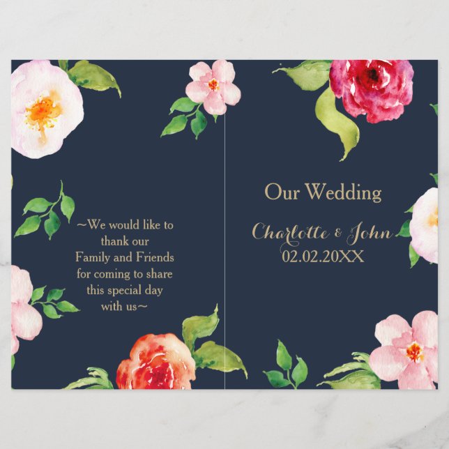 navy and gold watercolor flowers wedding (Front)