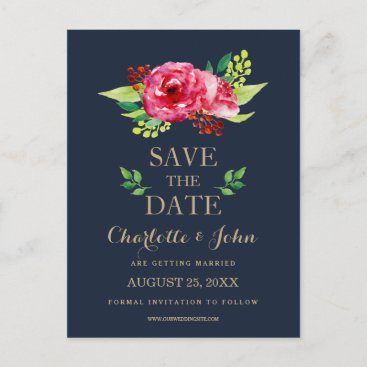 navy and gold watercolor flowers wedding announcement postcard