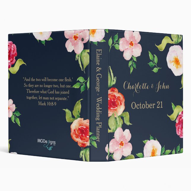 navy and gold watercolor flowers wedding binder (Background)