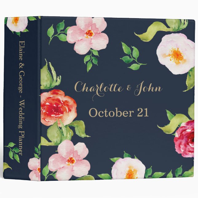 navy and gold watercolor flowers wedding binder (Front/Spine)