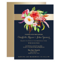 navy and gold watercolor flowers wedding card