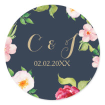 navy and gold watercolor flowers wedding classic round sticker