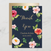 navy and gold watercolor flowers wedding invitation (Front/Back)