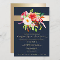 navy and gold watercolor flowers wedding invitation