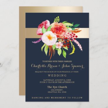 navy and gold watercolor flowers wedding invitation