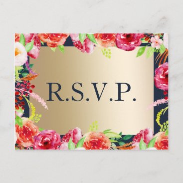 navy and gold watercolor flowers wedding invitation postcard