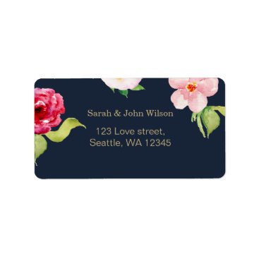 navy and gold watercolor flowers wedding label