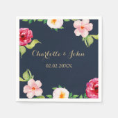 navy and gold watercolor flowers wedding paper napkins (Front)
