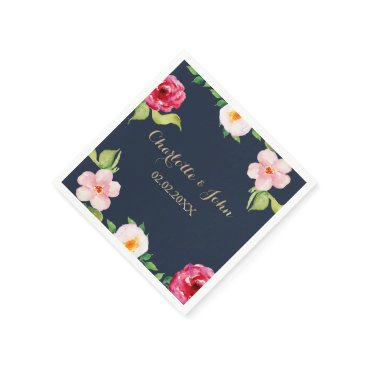 navy and gold watercolor flowers wedding paper napkins