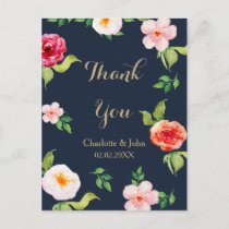 navy and gold watercolor flowers wedding postcard
