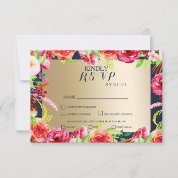 navy and gold watercolor flowers wedding RSVP card