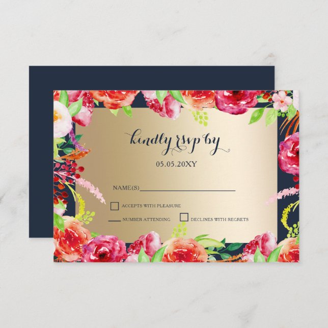 navy and gold watercolor flowers wedding rsvp invitation (Front/Back)