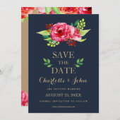 navy and gold watercolor flowers wedding save the date (Front/Back)