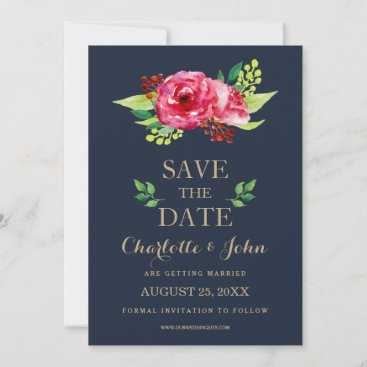 navy and gold watercolor flowers wedding save the date