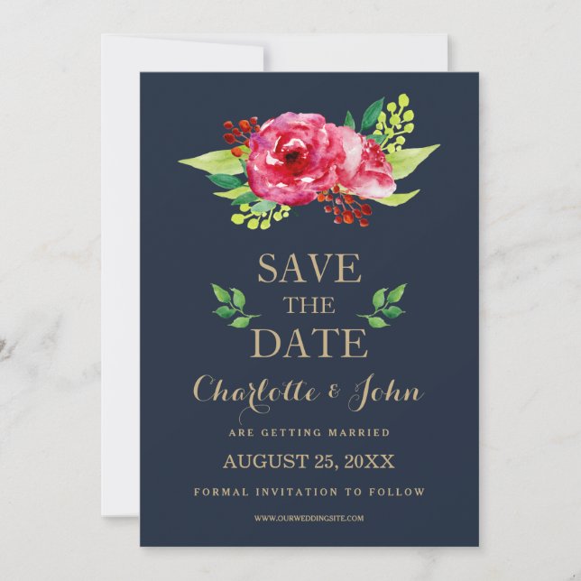 navy and gold watercolor flowers wedding save the date (Front)