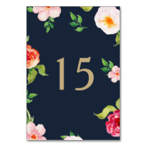navy and gold watercolor flowers wedding table number