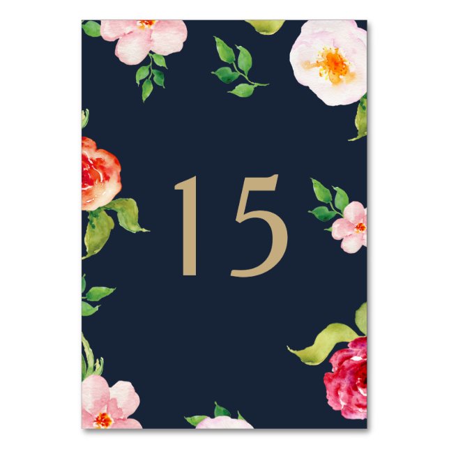 navy and gold watercolor flowers wedding table number (Front)