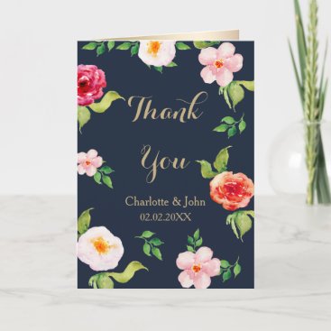 navy and gold watercolor flowers wedding thank you card